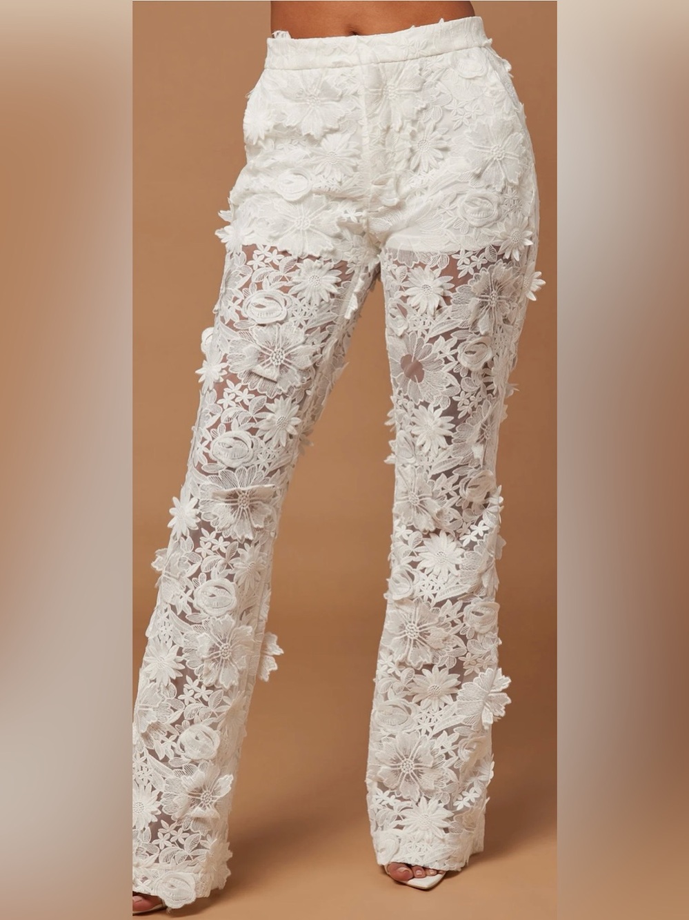 Fashion Nova White 3D Floral Lace Wide-Leg Pants